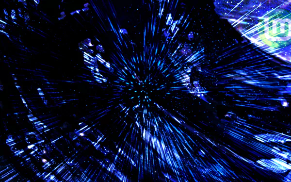 2K Quad HD PC desktop wallpaper: blue futuristic warp-speed tunnel of streaking lights with a faint Linux Mint logo — high-tech Linux technology background.