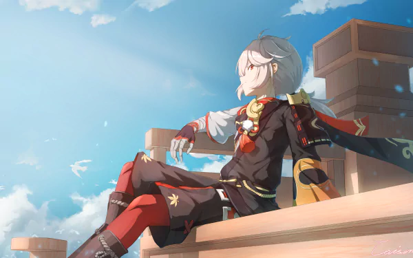 Kaedehara Kazuha from Genshin Impact is depicted sitting calmly against a bright blue sky in this 4K Ultra HD PC desktop wallpaper.