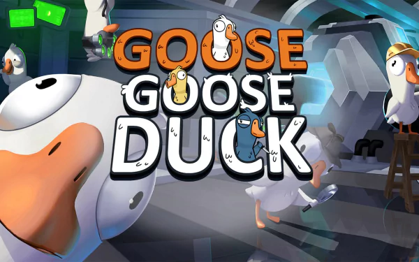 HD desktop wallpaper featuring Goose Goose Duck game graphics with animated geese characters and bold title text.