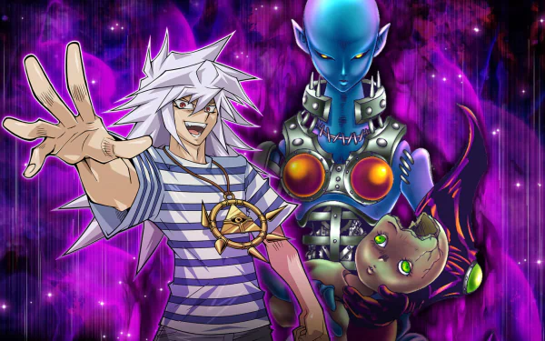 Yu-Gi-Oh! Duel Links HD wallpaper featuring colorful artwork of Yu-Gi-Oh! characters with a vibrant purple background.