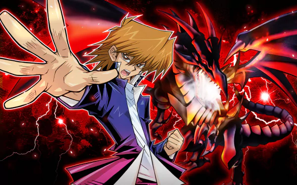 HD desktop wallpaper featuring Joey Wheeler from Yu-Gi-Oh! Duel Links, striking a dynamic pose alongside a fierce dragon in a dramatic, fiery background.