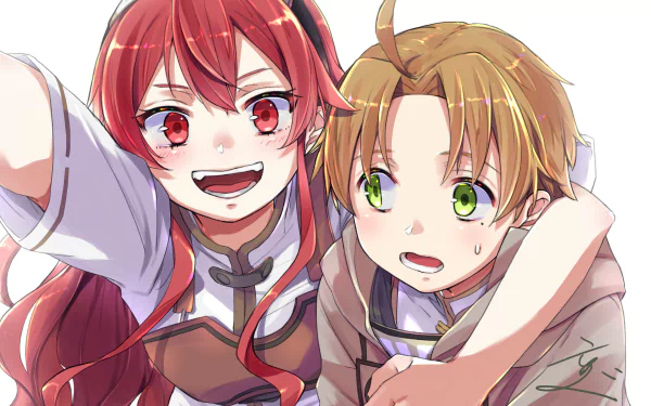 Rudeus Greyrat and Eris Boreas Greyrat from Mushoku Tensei, close-up cheerful selfie as Eris hugs Rudeus — 2K Quad HD PC anime desktop wallpaper.