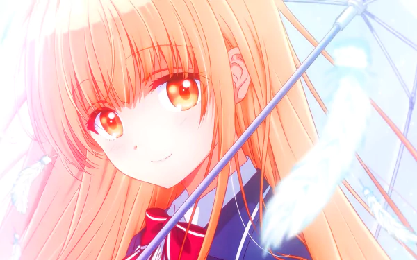 HD PC desktop wallpaper featuring Mahiru Shiina from the anime The Angel Next Door Spoils Me Rotten, showcasing her bright eyes and flowing hair with a soft umbrella in hand.