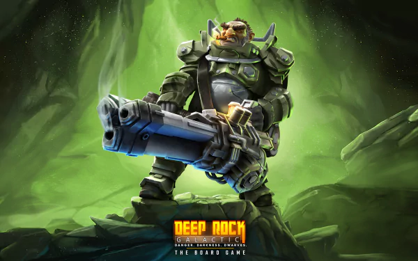 HD desktop wallpaper featuring an armored character from the game Deep Rock Galactic ready for action with a futuristic gun against a dynamic green background.