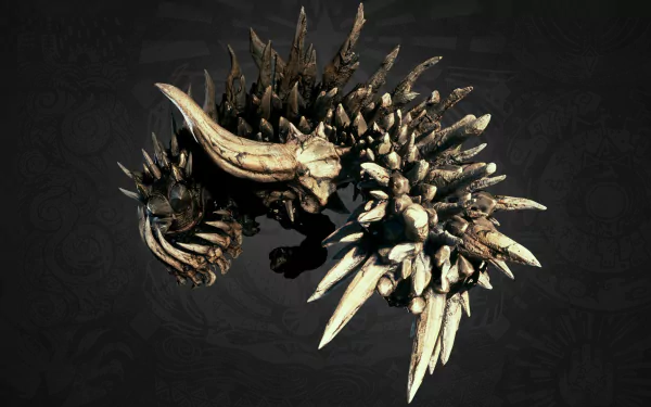 HD desktop wallpaper featuring a fearsome creature from Monster Hunter: World on a dark embossed background.