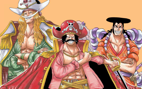 HD anime wallpaper featuring One Piece characters Gol D. Roger, Edward Newgate, and Kozuki Oden standing confidently against a peach background.