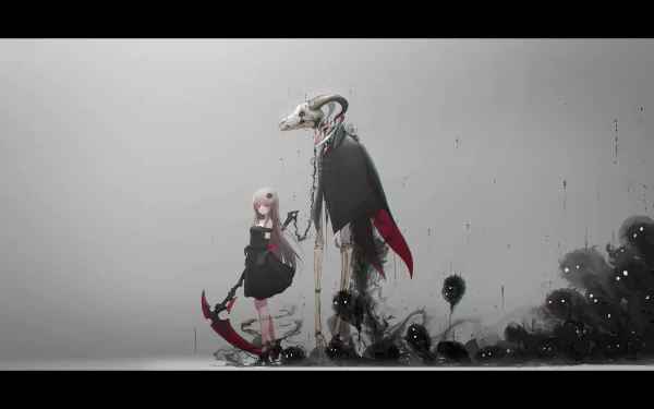Anime girl with a scythe stands beside a tall, skeletal shadow figure with a skull head, set against a misty gray backdrop in this 4K Ultra HD PC desktop wallpaper.