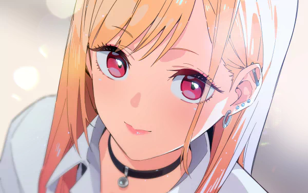 HD desktop wallpaper of Marin Kitagawa from the anime My Dress-Up Darling, featuring her with a soft smile and vibrant background.