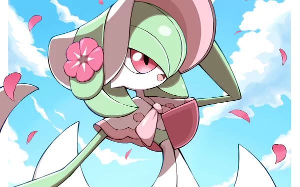 HD anime-style desktop wallpaper of Gardevoir from Pokémon, featuring vibrant colors and floating pink petals against a blue sky background.
