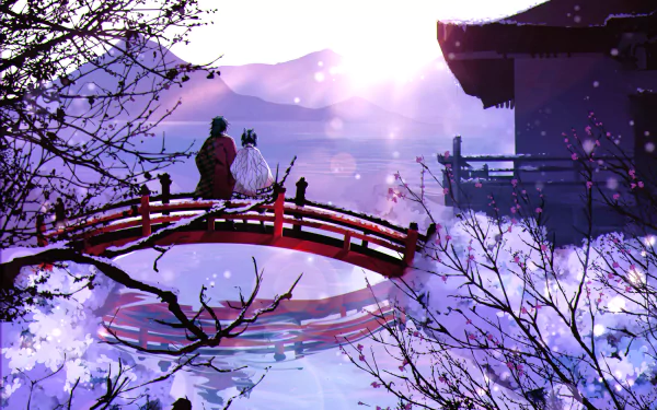 HD PC desktop wallpaper featuring Giyuu Tomioka and Shinobu Kochou from Demon Slayer: Kimetsu no Yaiba standing on a red bridge in a serene, purple-hued landscape.