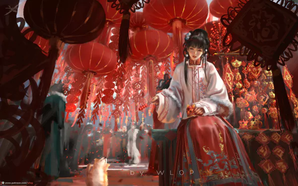 HD PC desktop wallpaper featuring Jade from GhostBlade in a detailed comic-style scene surrounded by red lanterns and festive decorations.