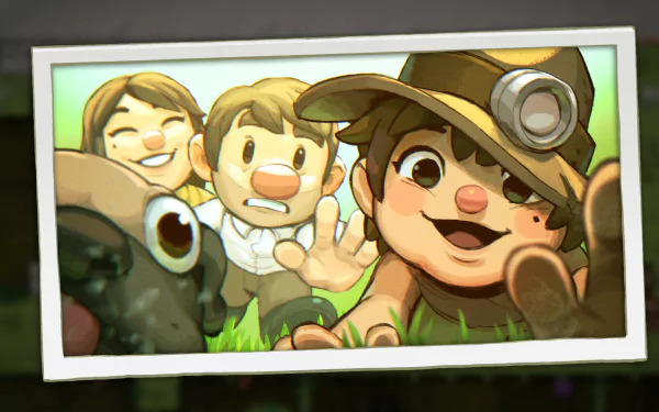 A vibrant HD wallpaper from Spelunky 2 featuring playful characters and a whimsical atmosphere, showcasing their adventurous spirit in a lush, cartoonish environment.