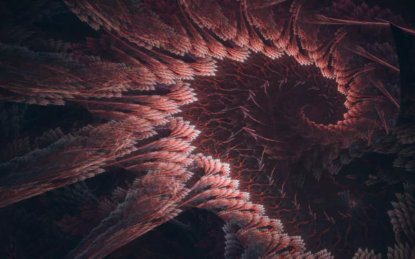 Abstract spiral of feathered, jagged shapes in dark red and black, textured depth and motion — 5K Ultra HD PC desktop wallpaper and background.