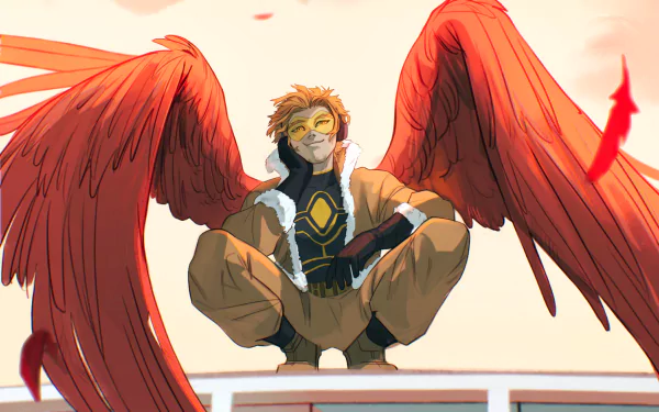 HD PC desktop wallpaper featuring Hawks (Keigo Takami) from the anime My Hero Academia, depicted with large red wings and a confident pose.