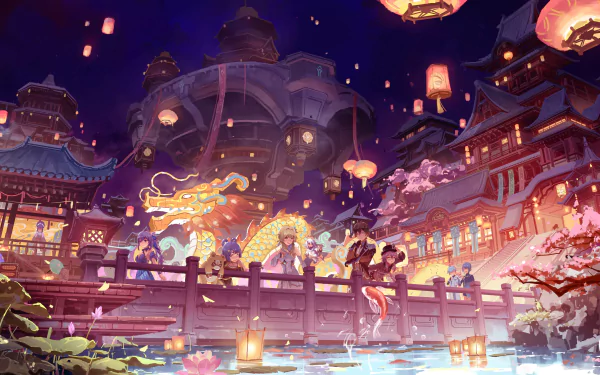 HD desktop wallpaper of Genshin Impact's Lantern Rite festival featuring characters Yun Jin, Xingqiu, Chongyun, Lumine, Paimon, Zhongli, Hu Tao, Keqing, Guoba, and Xiangling against a scenic backdrop.
