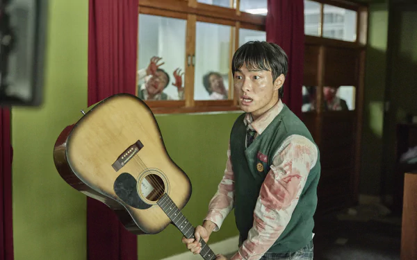 Bloodied student grips an acoustic guitar like a weapon in a tense school hallway — TV show All of Us Are Dead, 2K Quad HD PC desktop wallpaper and background.