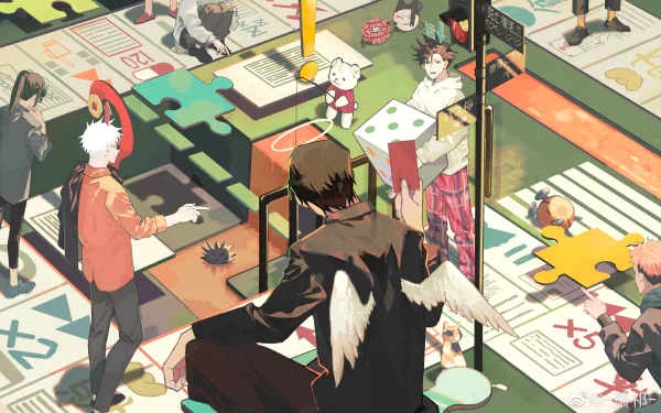 4K Ultra HD anime wallpaper featuring Maki Zenin, Yuji Itadori, Satoru Gojo, Toji Fushiguro, and Megumi Fushiguro from Jujutsu Kaisen in a vibrant, puzzle-themed setting.