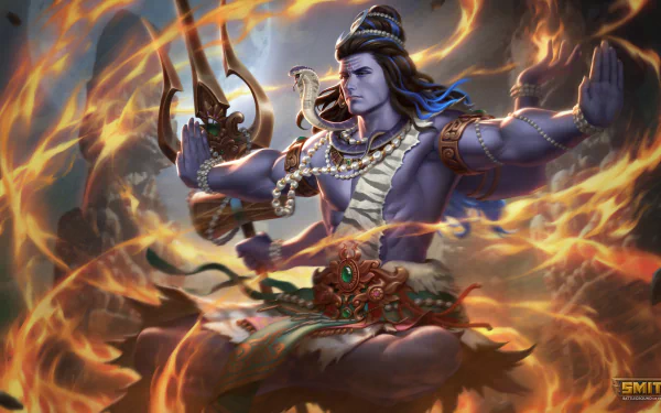 Blue-skinned Shiva (Smite) sits in a meditative battle pose amid swirling flames, trident and prayer beads visible — 4K Ultra HD PC desktop wallpaper from the video game Smite.