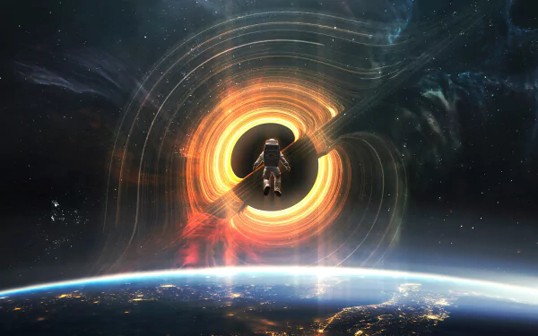 A sci-fi 4K Ultra HD PC wallpaper showing an astronaut floating near a glowing black hole above a planet's horizon.