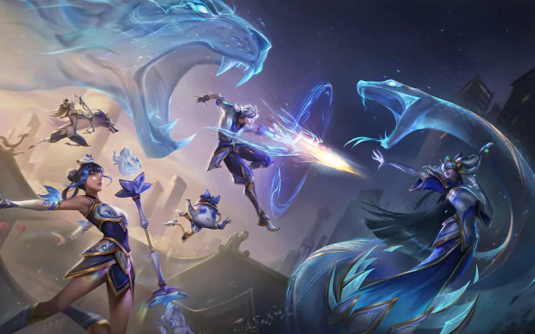 HD League of Legends PC wallpaper featuring champions Lissandra, Amumu, Lux, Ezreal, and Kindred in dynamic battle poses with magical and spectral effects.