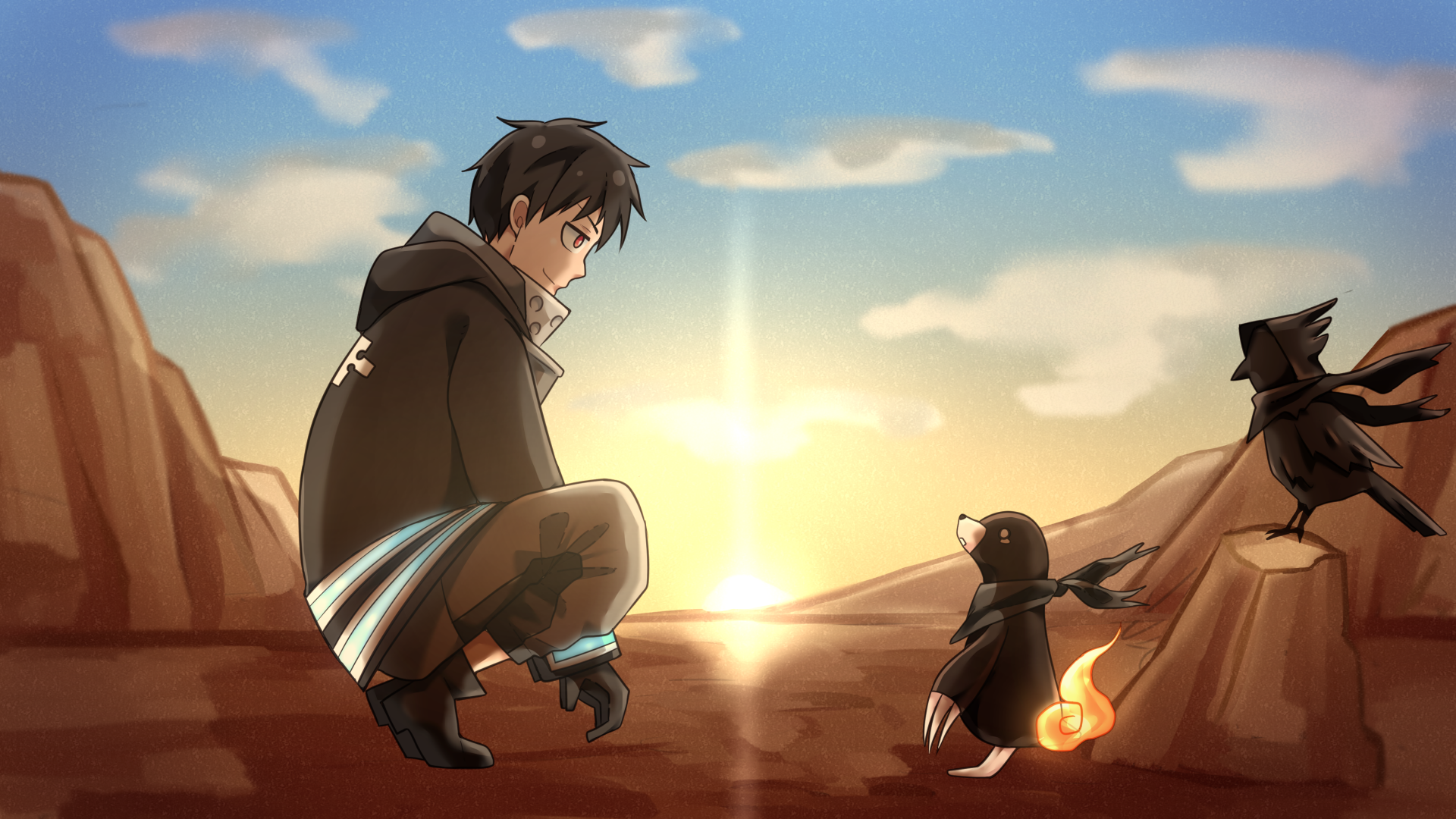 HD PC desktop wallpaper of Shinra Kusakabe from the anime Fire Force, depicting him crouched and interacting with a small fiery creature and a crow at sunset.