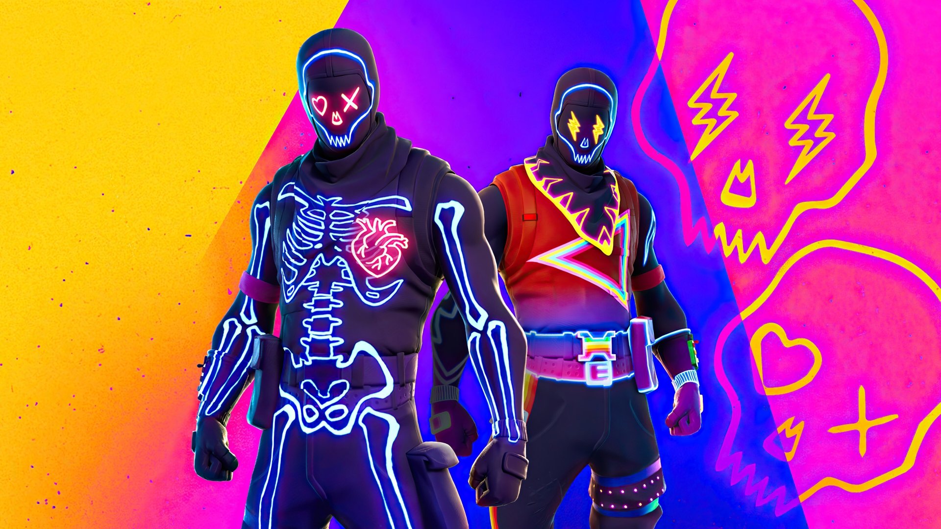 Fortnite characters in neon skeleton and lightning-themed outfits stand against a vibrant, colorful background in this 4K Ultra HD PC desktop wallpaper.