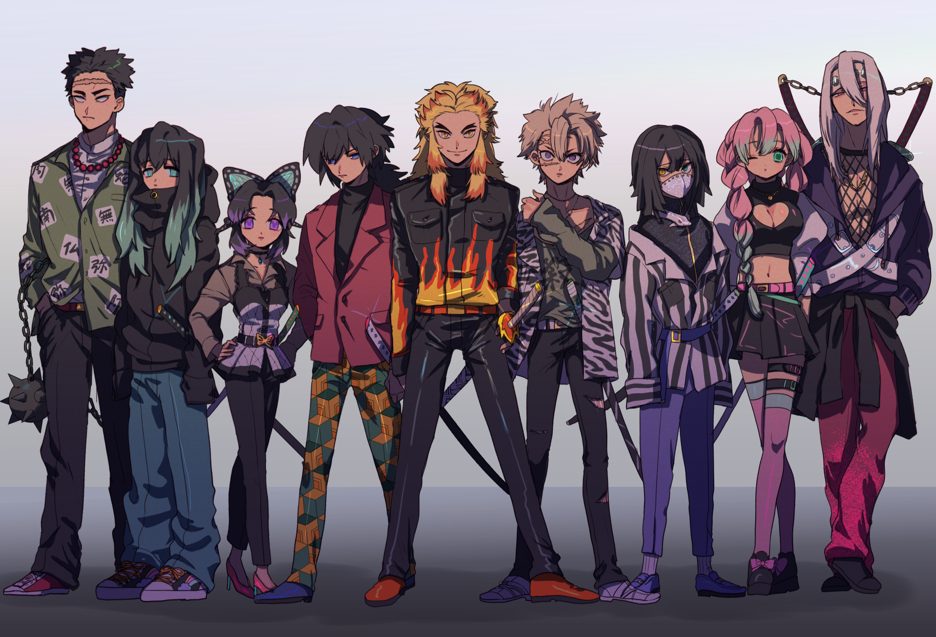 4K Ultra HD desktop wallpaper featuring Giyuu Tomioka, Tengen Uzui, Muichiro Tokito, Sanemi Shinazugawa, Kyojuro Rengoku, Shinobu Kochou, Mitsuri Kanroji, Obanai Iguro, and Gyomei Himejima from Demon Slayer: Kimetsu no Yaiba.