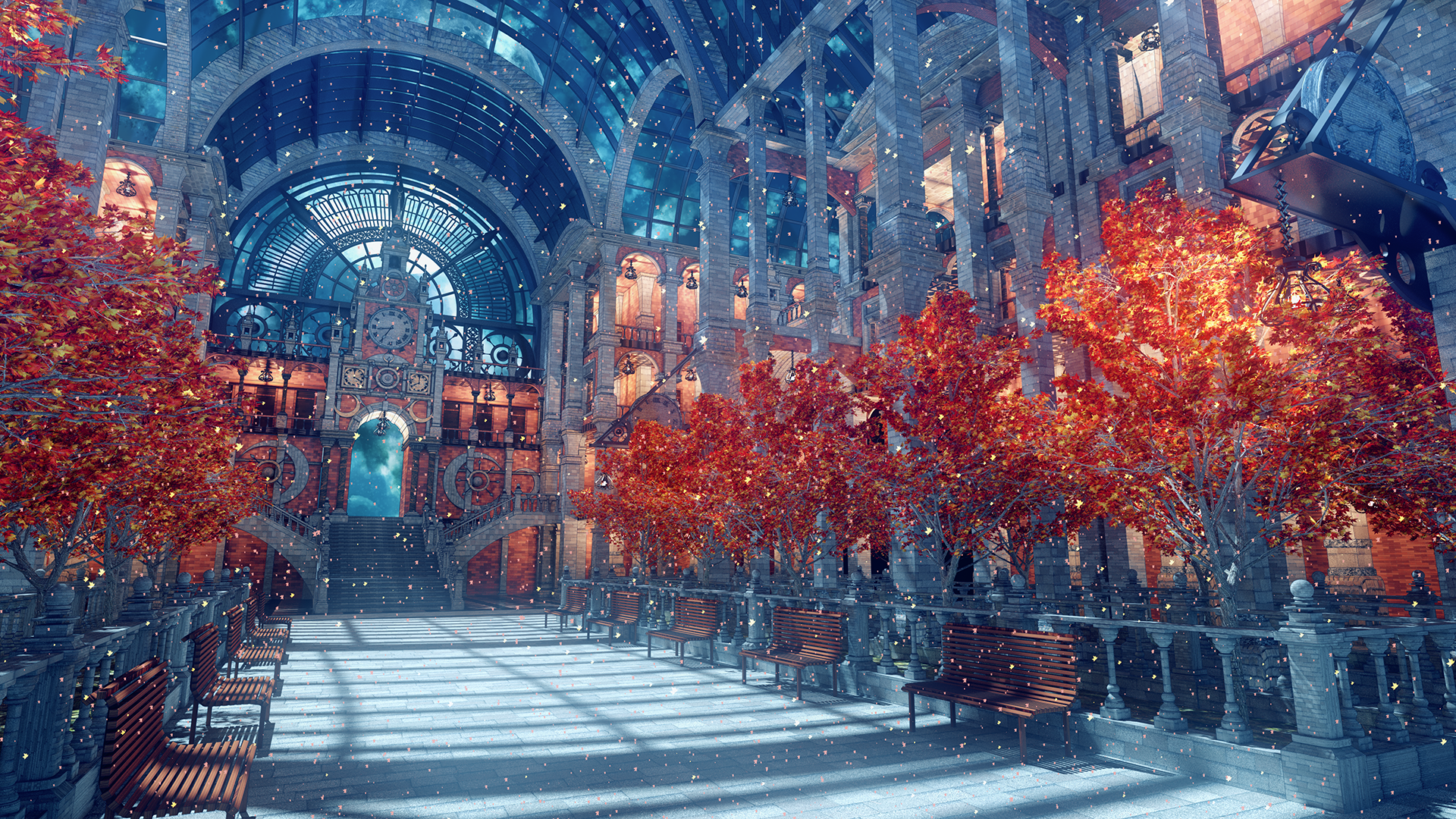 HD PC desktop wallpaper featuring a grand cathedral interior with arched ceilings and vibrant autumn trees, blending religious architecture and natural beauty.