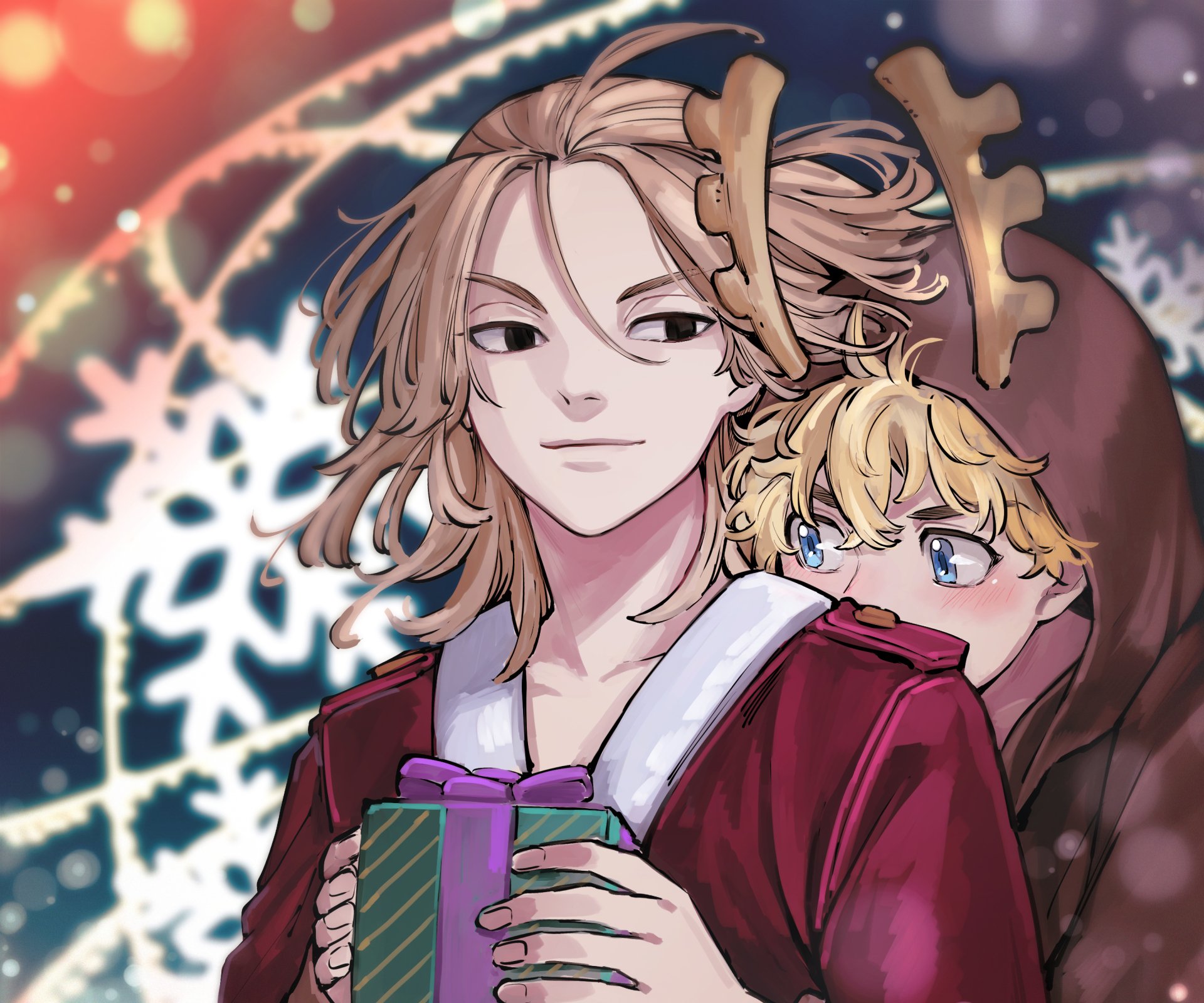 HD PC desktop wallpaper featuring Mikey Manjiro Sano and Chifuyu Matsuno from the anime Tokyo Revengers, with a festive winter background.