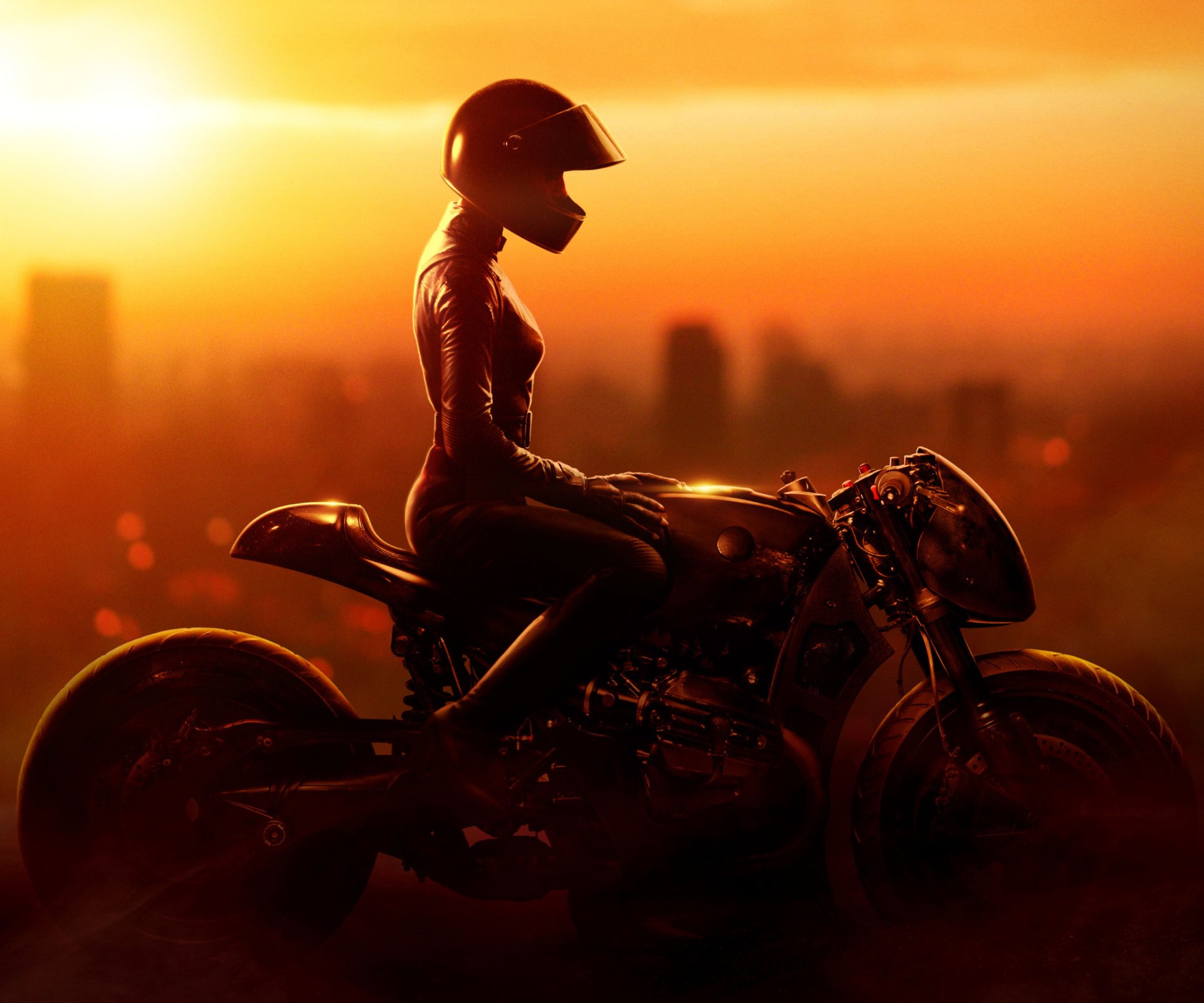 HD desktop wallpaper of Zoë Kravitz as Catwoman from DC Comics’ The Batman, silhouetted on a motorcycle against a vibrant sunset cityscape background.