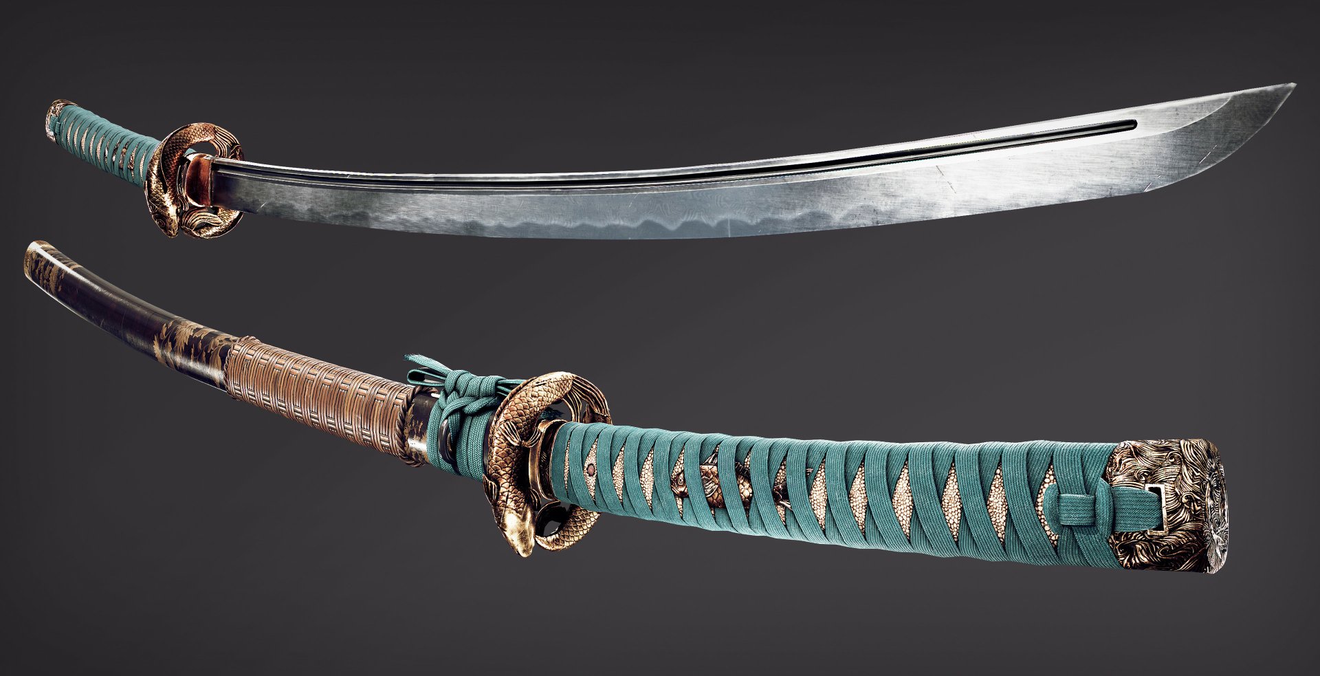 2K Quad HD PC wallpaper of a man-made sword: polished katana blade with visible hamon, ornate tsuba and teal-wrapped handle on a dark background.