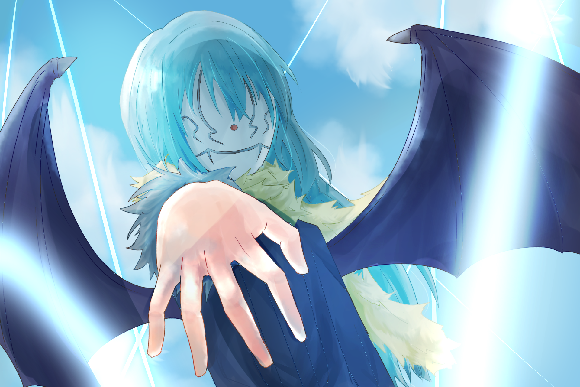 HD PC desktop wallpaper featuring Rimuru Tempest from the anime That Time I Got Reincarnated as a Slime, depicted with wings and glowing blue energy.