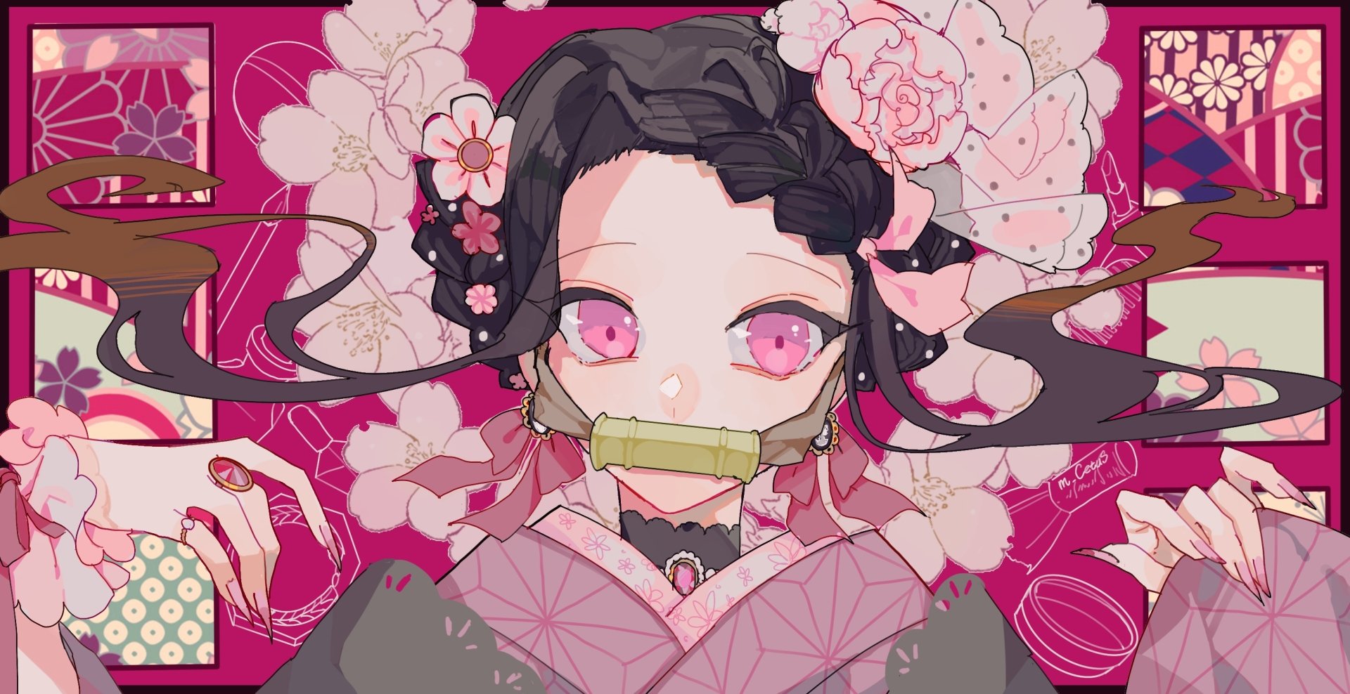 HD PC desktop wallpaper featuring Nezuko Kamado from the anime Demon Slayer: Kimetsu no Yaiba, surrounded by pink flowers and vibrant traditional patterns.