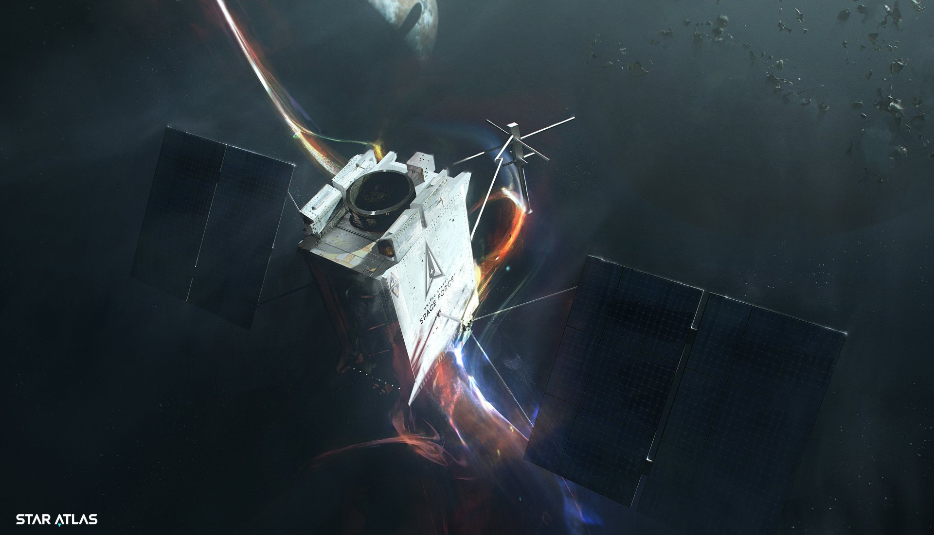 HD wallpaper of a Star Atlas spaceship in dynamic space scene for desktop background.