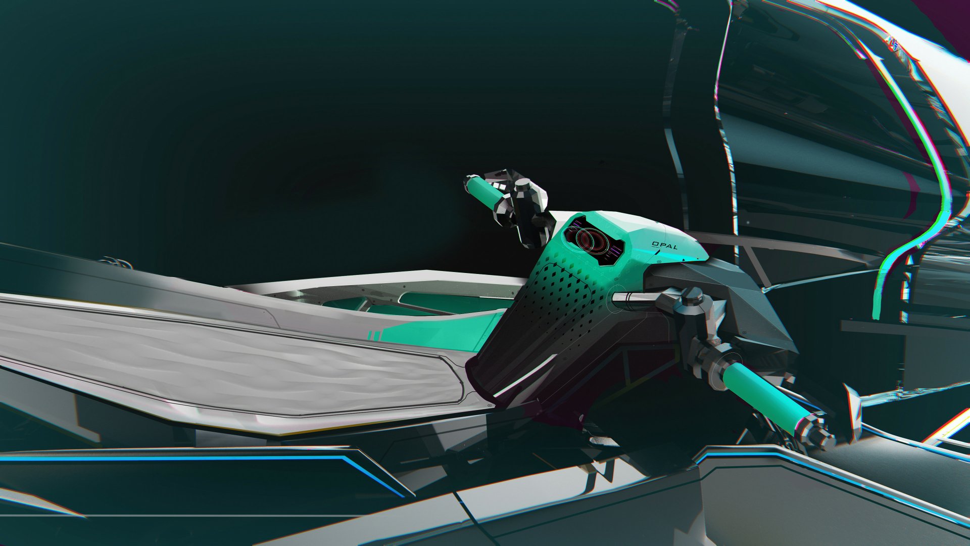 HD desktop wallpaper featuring a futuristic spacecraft from Star Atlas video game, with sleek design and teal accents on a digital background.