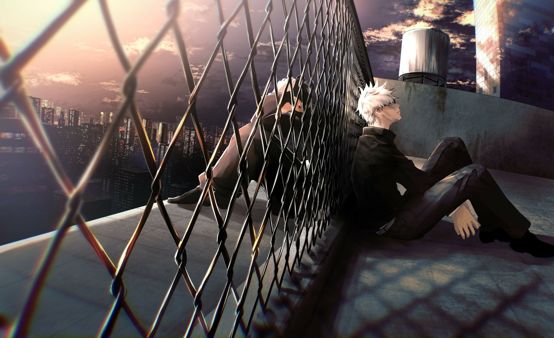 HD anime wallpaper featuring Suguru Geto and Satoru Gojo from Jujutsu Kaisen sitting against a rooftop fence at sunset.