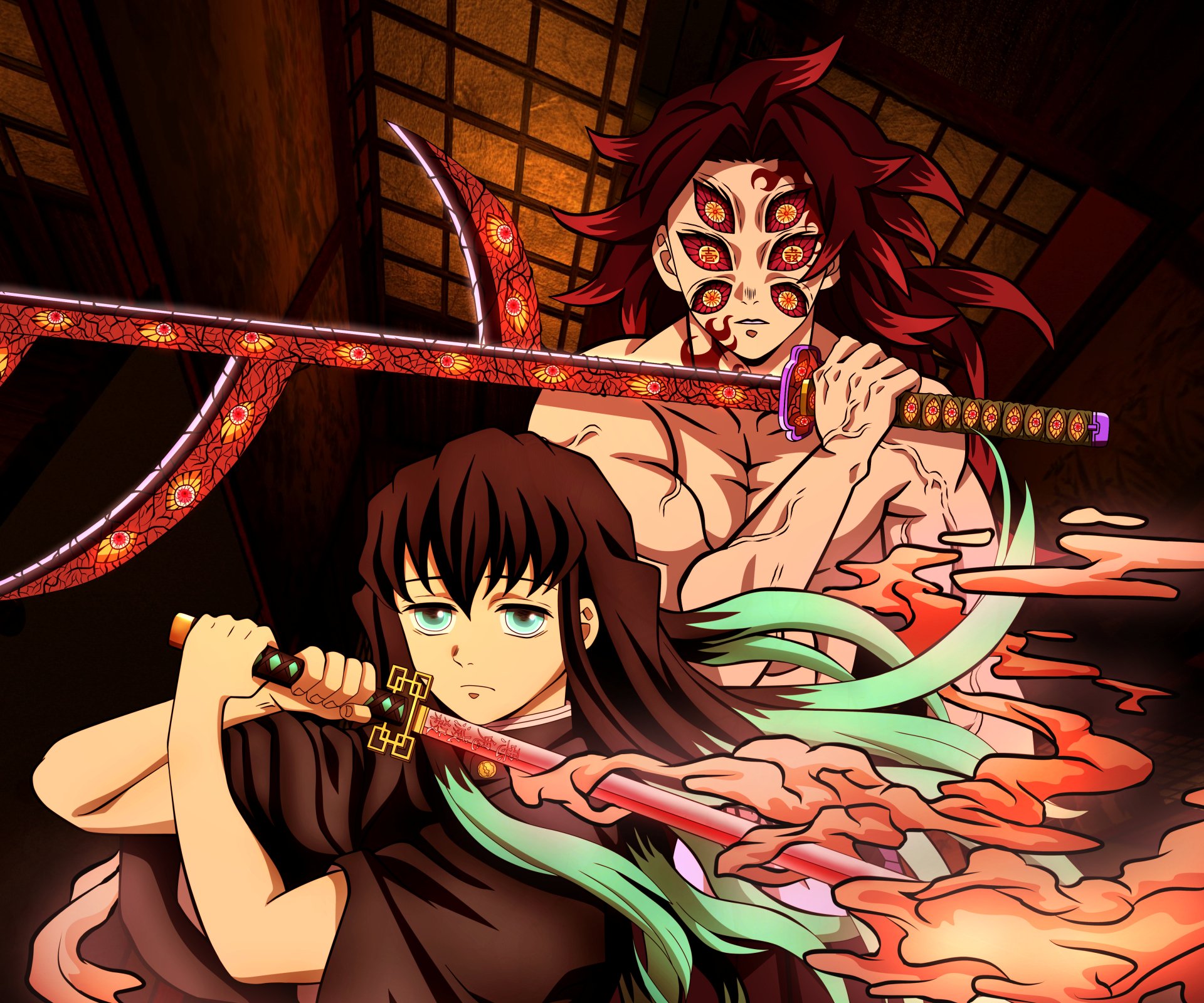 4K Ultra HD anime wallpaper featuring Kokushibo and Muichiro Tokito from Demon Slayer: Kimetsu no Yaiba, showcasing intense character detail and vibrant colors.
