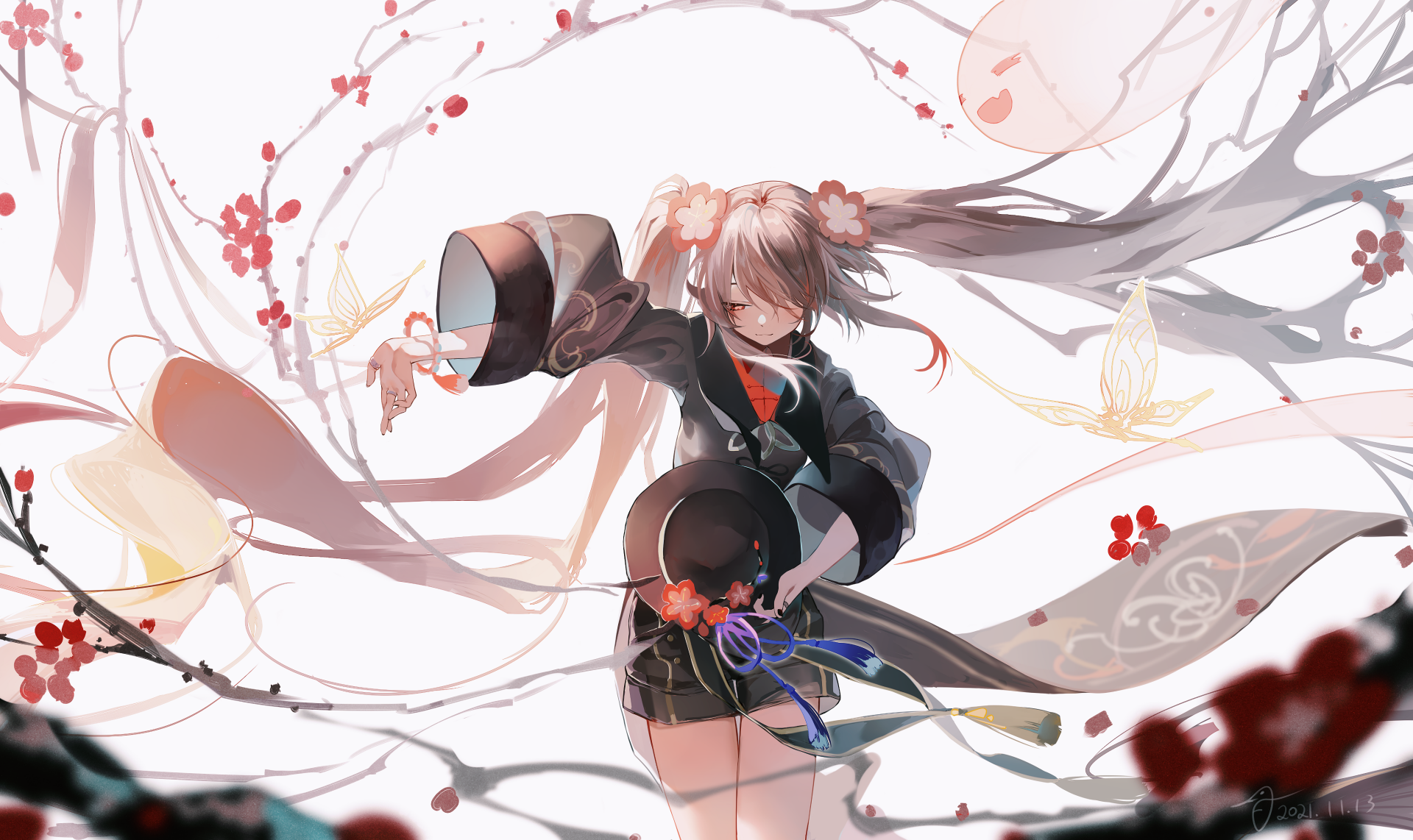 Hu Tao from the video game Genshin Impact is depicted in this HD desktop wallpaper, featuring her in a dynamic pose with swirling elements and blossoms in the background.