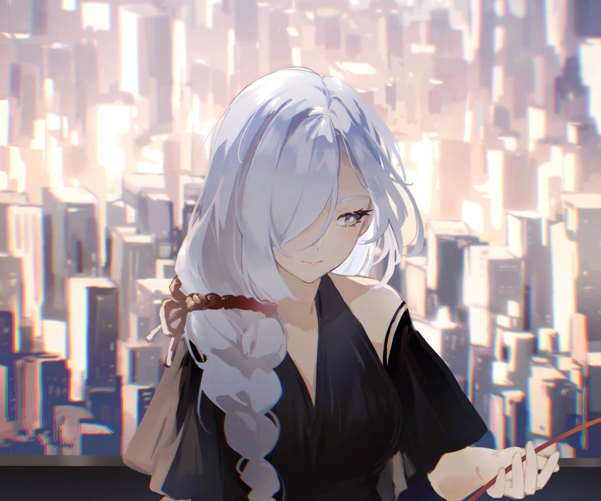 HD PC desktop wallpaper featuring Shenhe from the video game Genshin Impact, depicted with white hair and a serene expression against a glowing cityscape background.