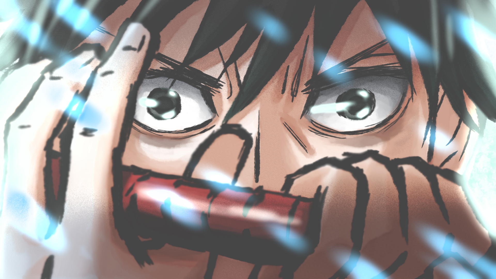 HD PC desktop wallpaper featuring Yuta Okkotsu from the anime Jujutsu Kaisen 0, depicted in an intense close-up with dynamic lighting effects.