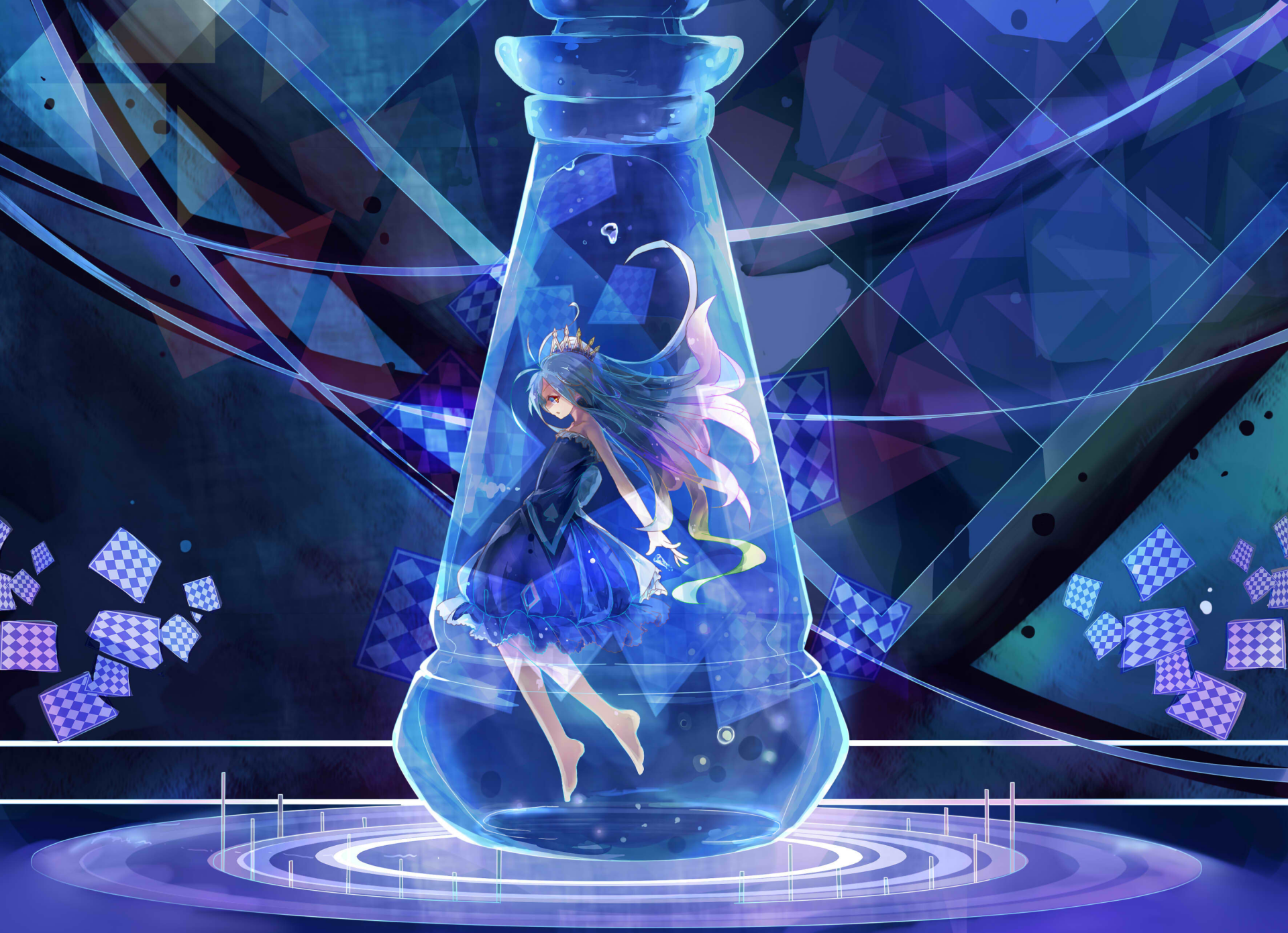 anime, No Game No Life, anime girls, chess, digital art, Shiro (No Game No  Life), dress, blue, cyan, checkered