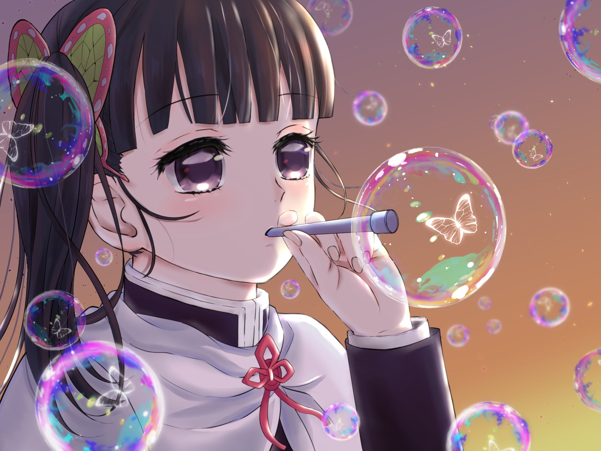 HD PC desktop wallpaper of Kanao Tsuyuri (Anime, Demon Slayer: Kimetsu no Yaiba) — close-up portrait as she gently blows iridescent soap bubbles against a warm gradient background.