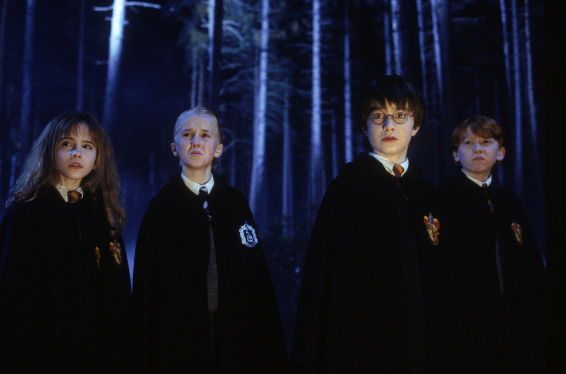 HD PC desktop wallpaper featuring Emma Watson as Hermione Granger, Tom Felton as Draco Malfoy, Daniel Radcliffe as Harry Potter, and Rupert Grint as Ron Weasley from Harry Potter and the Philosopher's Stone.