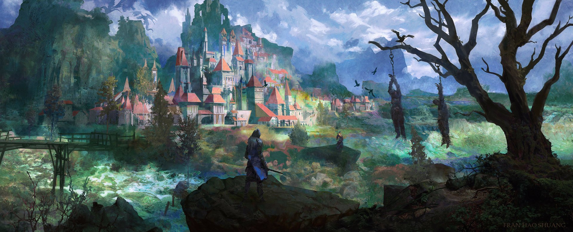 HD PC desktop wallpaper featuring a detailed fantasy landscape from the video game Elden Ring, showcasing a distant castle, rugged terrain, and atmospheric skies.