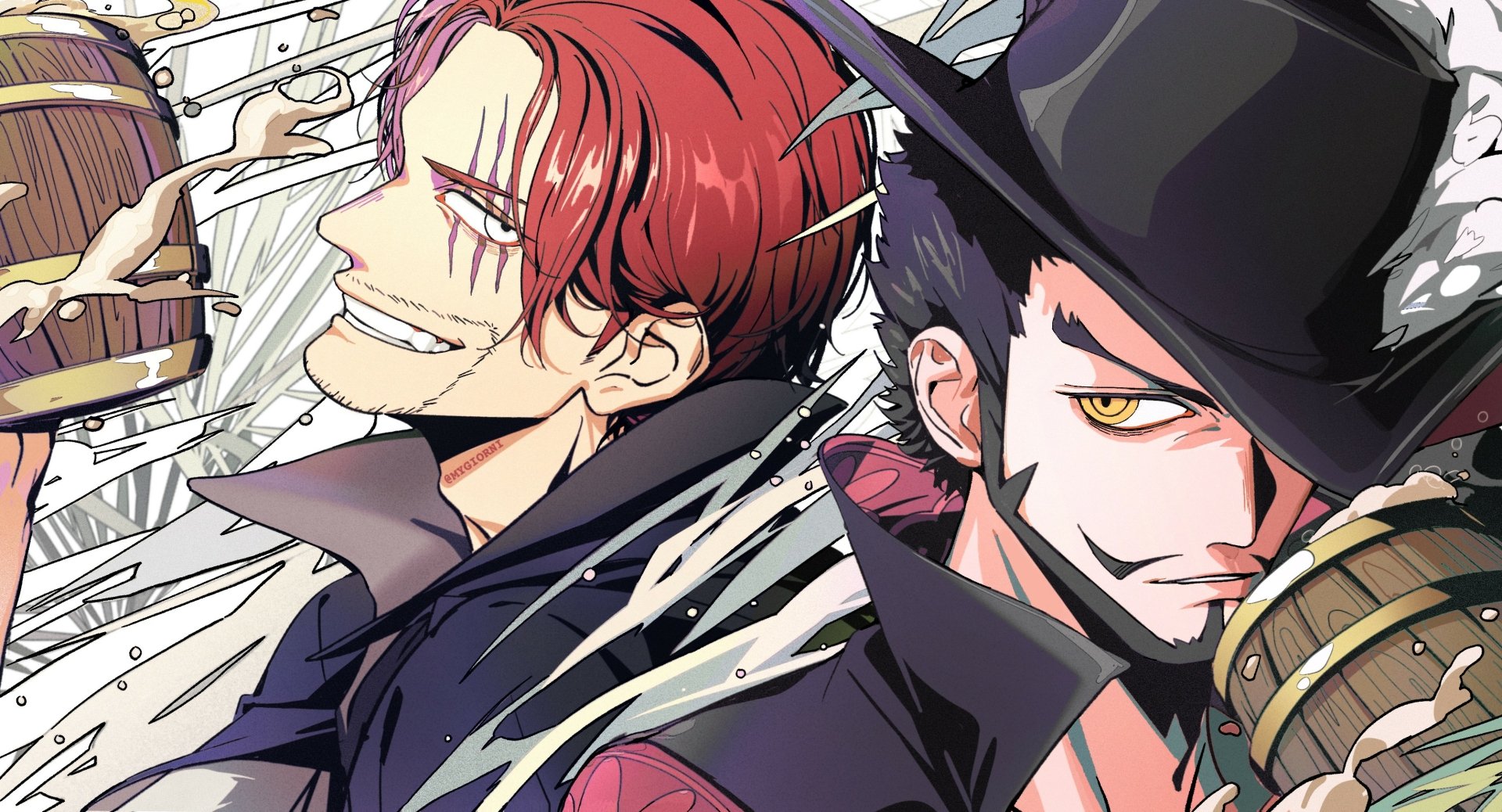 HD PC desktop wallpaper/background from the One Piece anime showing Dracule Mihawk and Shanks back-to-back, Mihawk's hat and piercing eyes, Shanks' scarred grin.