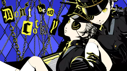 HD desktop wallpaper featuring Justine and Caroline, twin characters from Persona 5 Royal, with the phrase Don't be so Cocky displayed in bold text.