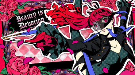HD PC desktop wallpaper of Sumire Yoshizawa from Persona 5 Royal (video game), masked and striking pose with flowing red hair, roses and comic-style background reading Beauty in Devotion.