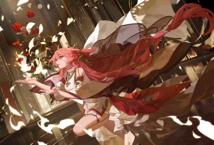 HD desktop wallpaper featuring Yae Miko Guuji from Genshin Impact. The character is depicted elegantly with flowing garments and vibrant colors, surrounded by mystical elements, exuding a magical ambiance.