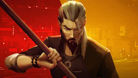 HD PC desktop wallpaper featuring a focused martial artist from the video game Sifu, set against a vibrant red and orange urban background.