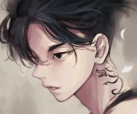 HD anime desktop wallpaper featuring a detailed close-up of Mikey Manjiro Sano from Tokyo Revengers, showcasing his intense expression and signature neck tattoo.